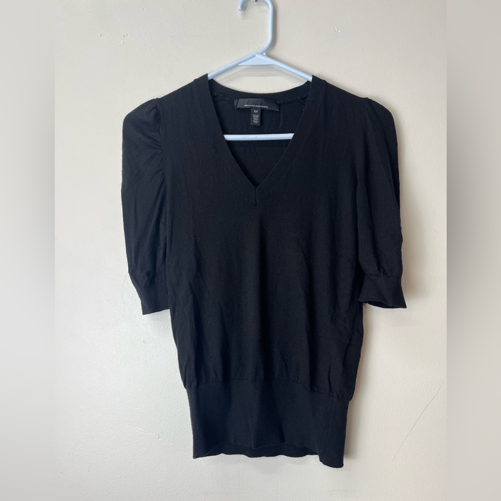 White House Black Market Black V-Neck Puff Sleeve Knit Top cashmere blend